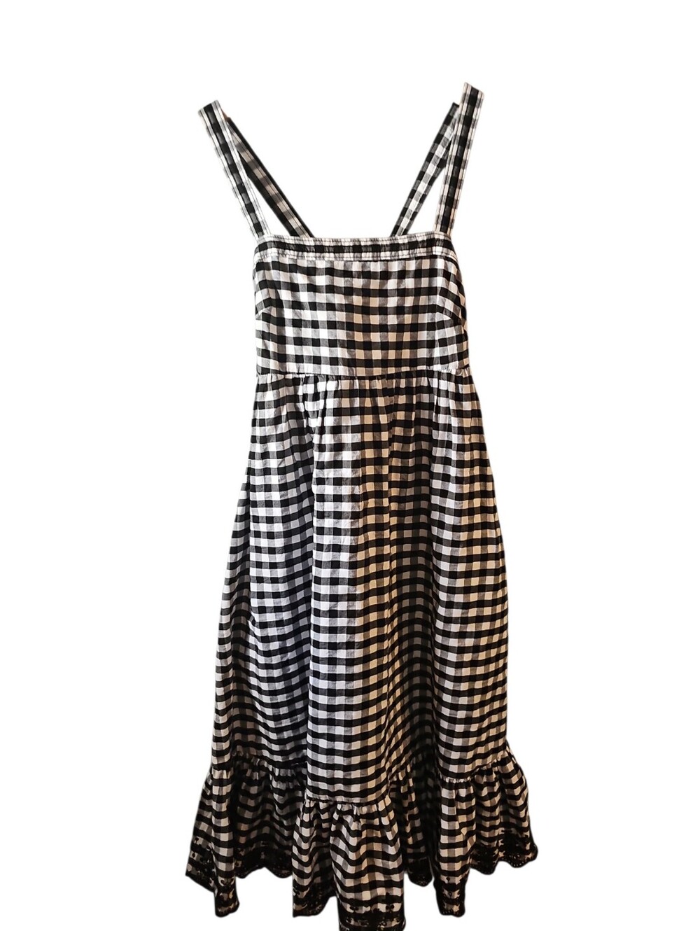 J. Crew Black and White Gingham Midi Sun Dress with Eyelet Hem Sz 4 - Picture 2 of 7